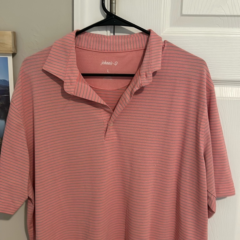 Johnnie-O performance polo size Large. Pink with gray stripes.